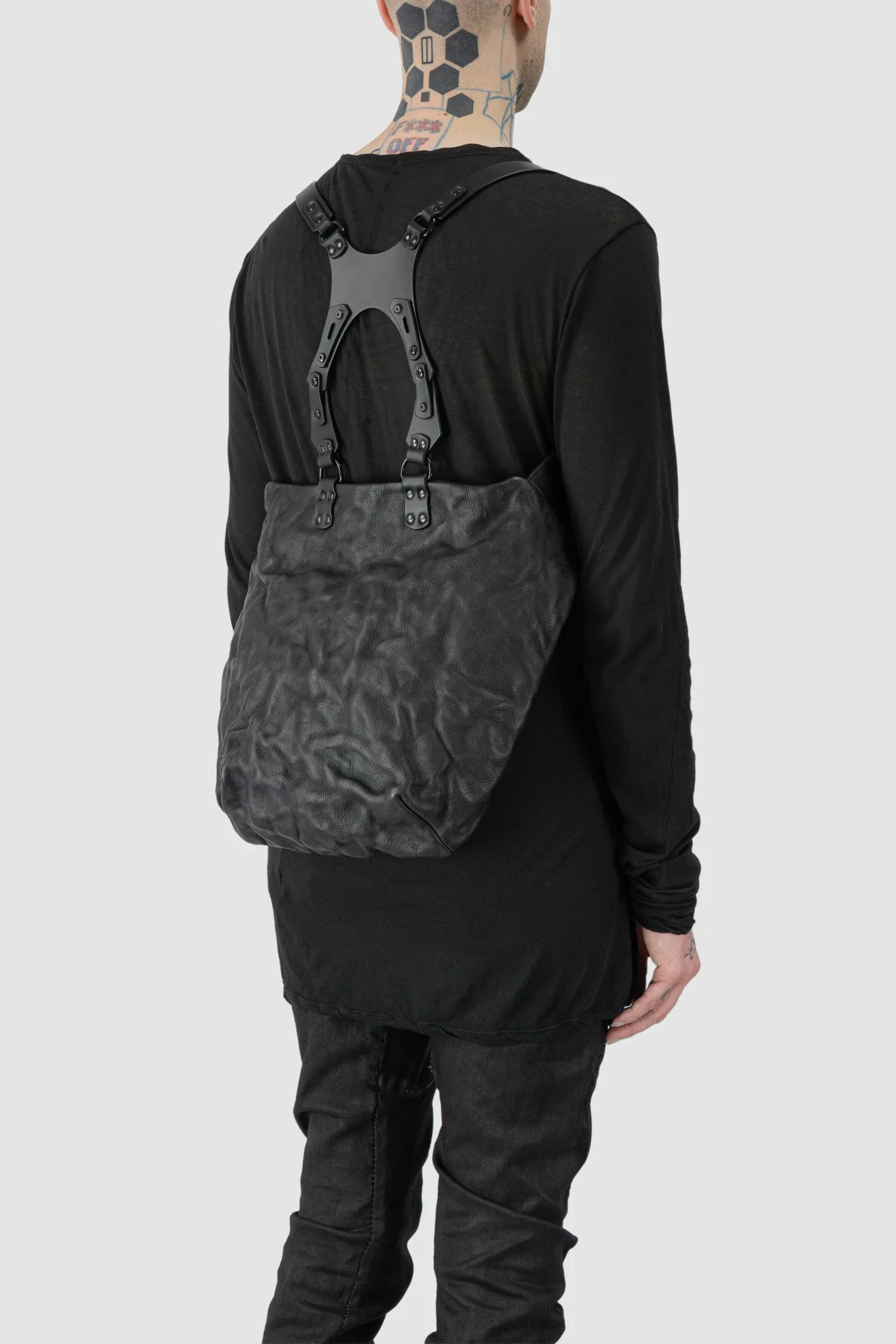 Black Leather Harness Backpack with Dual Zipper Pockets - Image 4