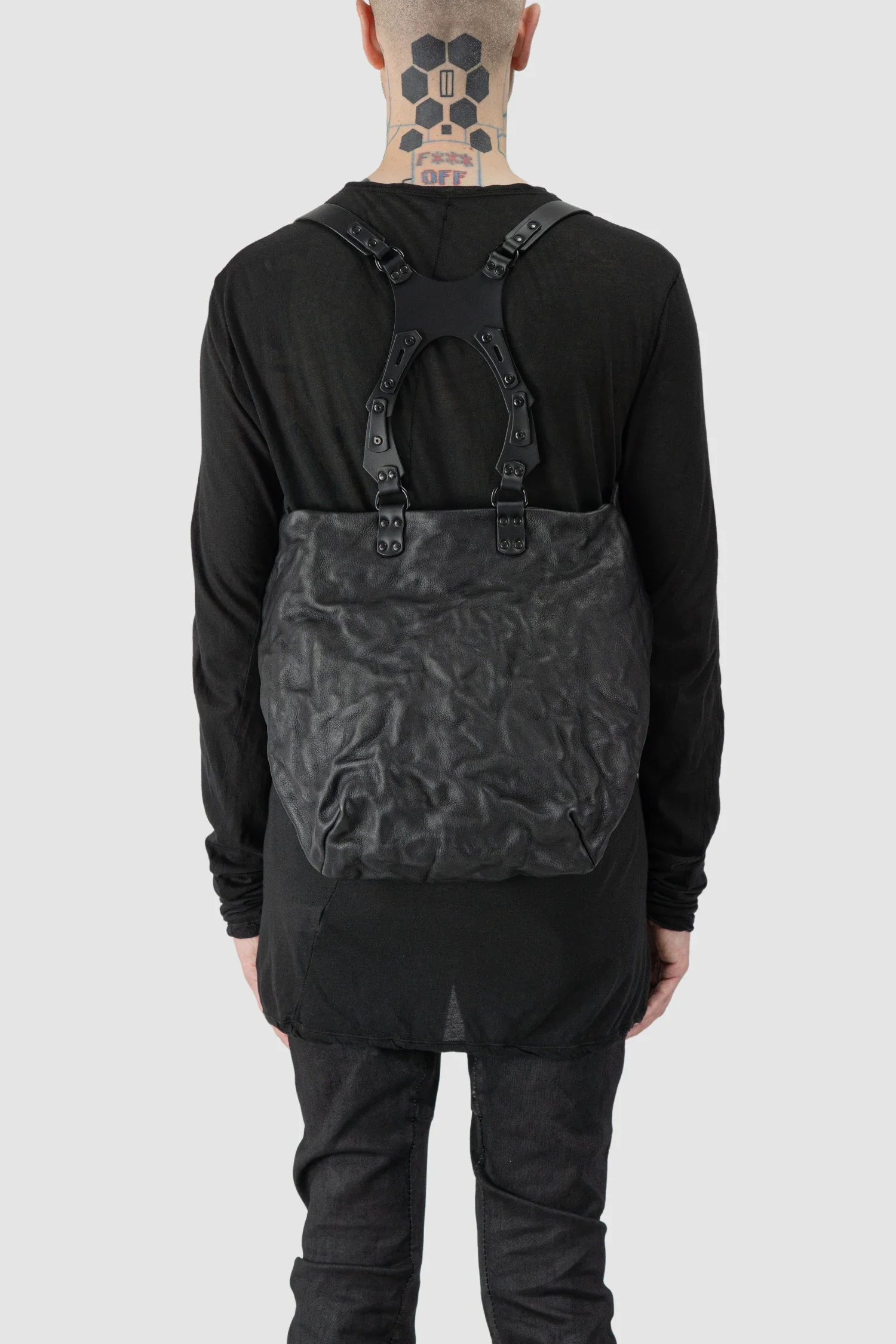 Black Leather Harness Backpack with Dual Zipper Pockets - Image 5
