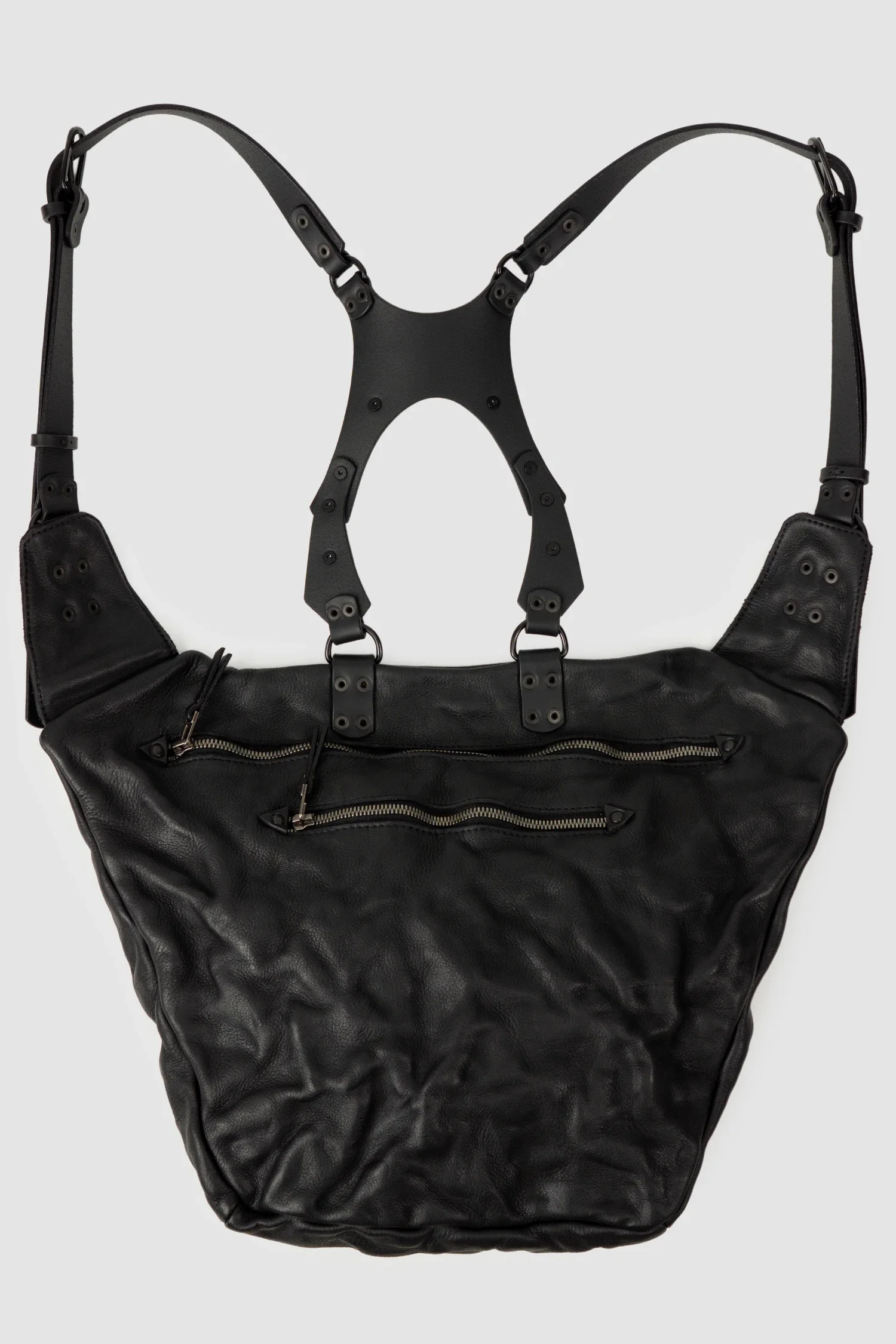 Black Leather Harness Backpack with Dual Zipper Pockets - Image 6