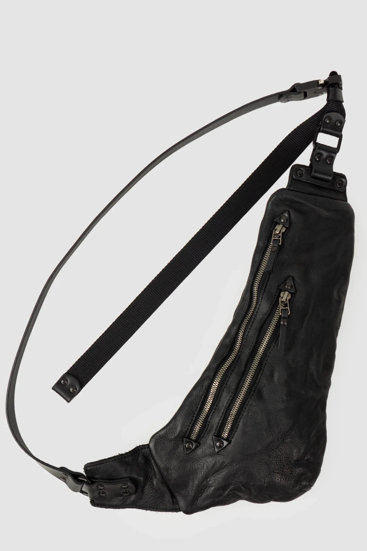 Black Two Zip Crossbody Leather Bag