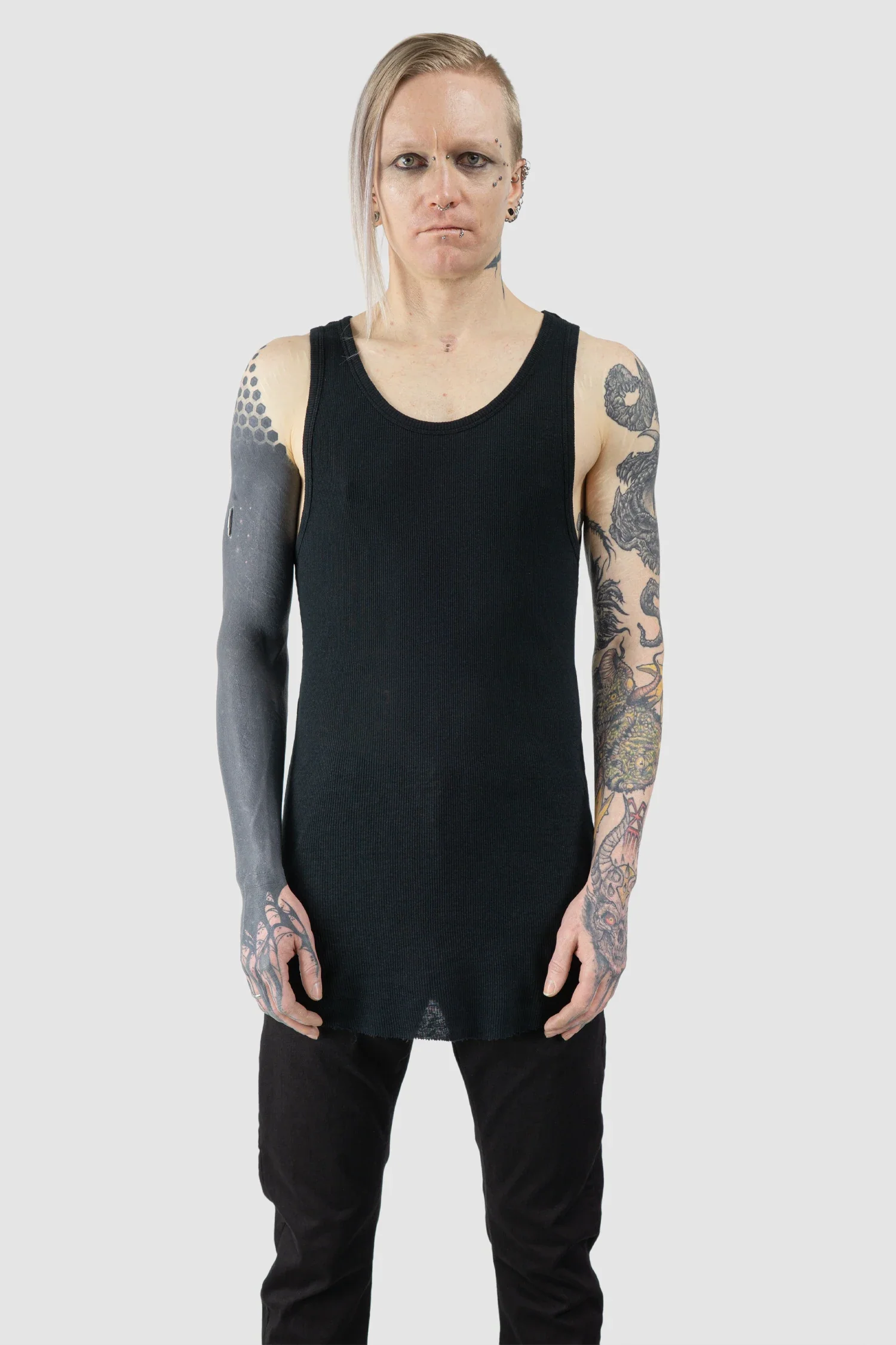 Black Cotton-Linen Mix Rib Tank Top
