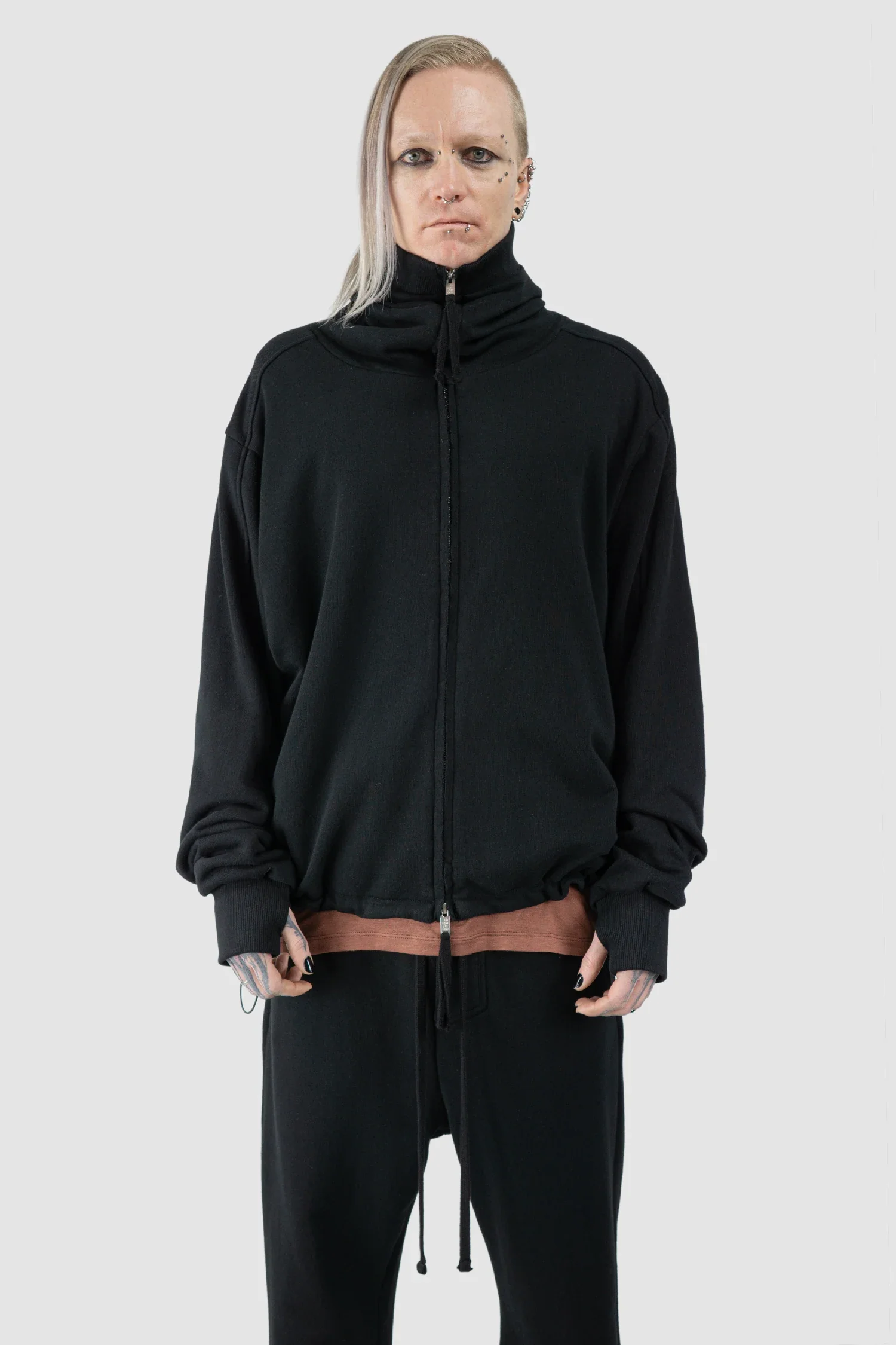 Black Double Layer Cotton Hooded Zip-Sweater