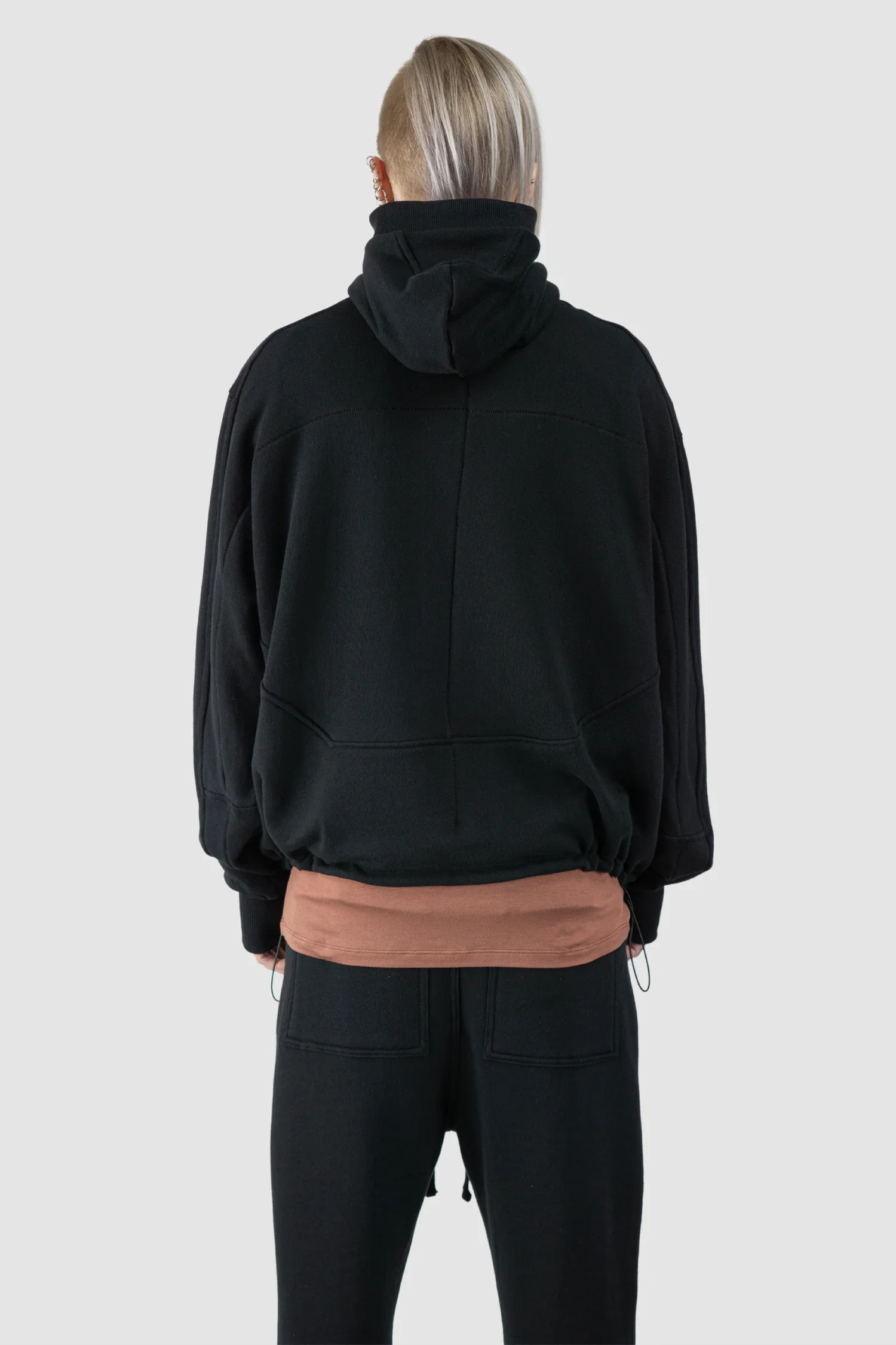 Black Double Layer Cotton Hooded Zip-Sweater - Image 4