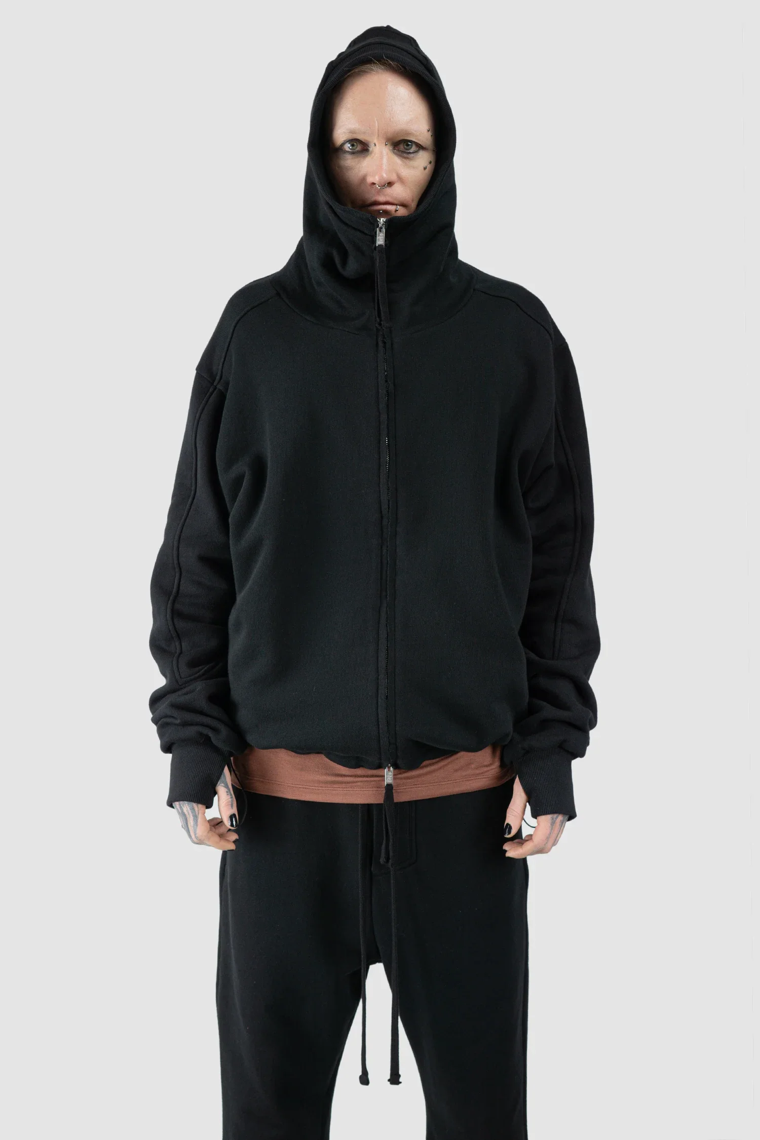 Black Double Layer Cotton Hooded Zip-Sweater - Image 6