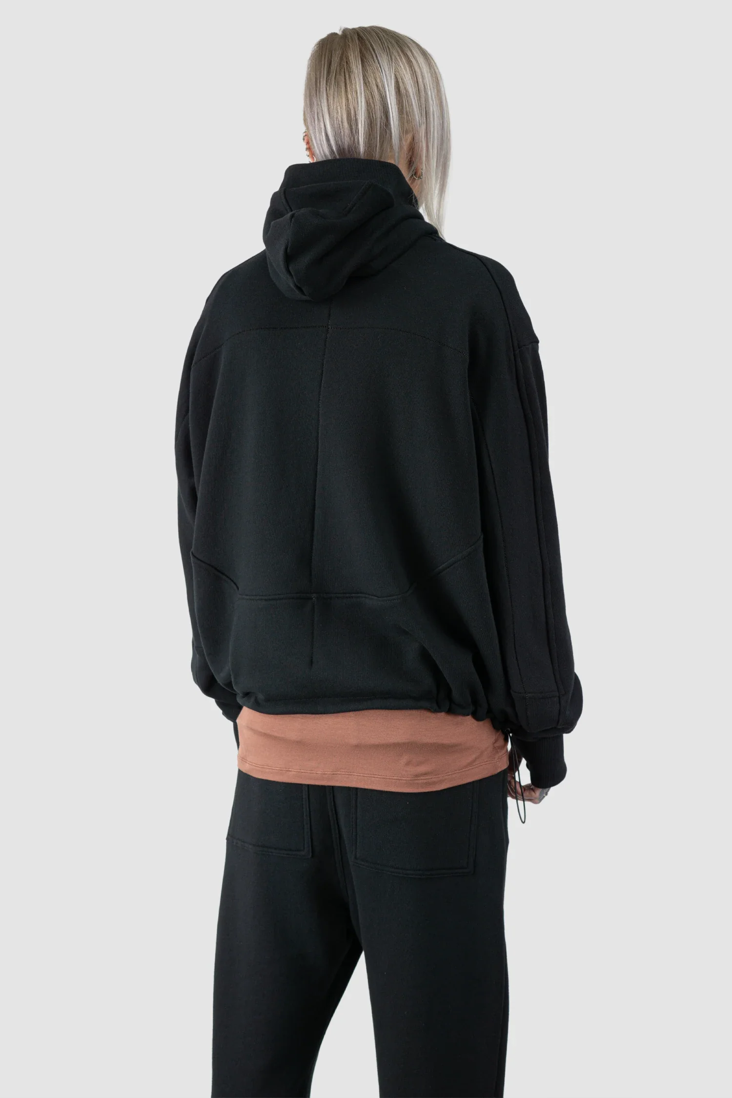 Black Double Layer Cotton Hooded Zip-Sweater - Image 7