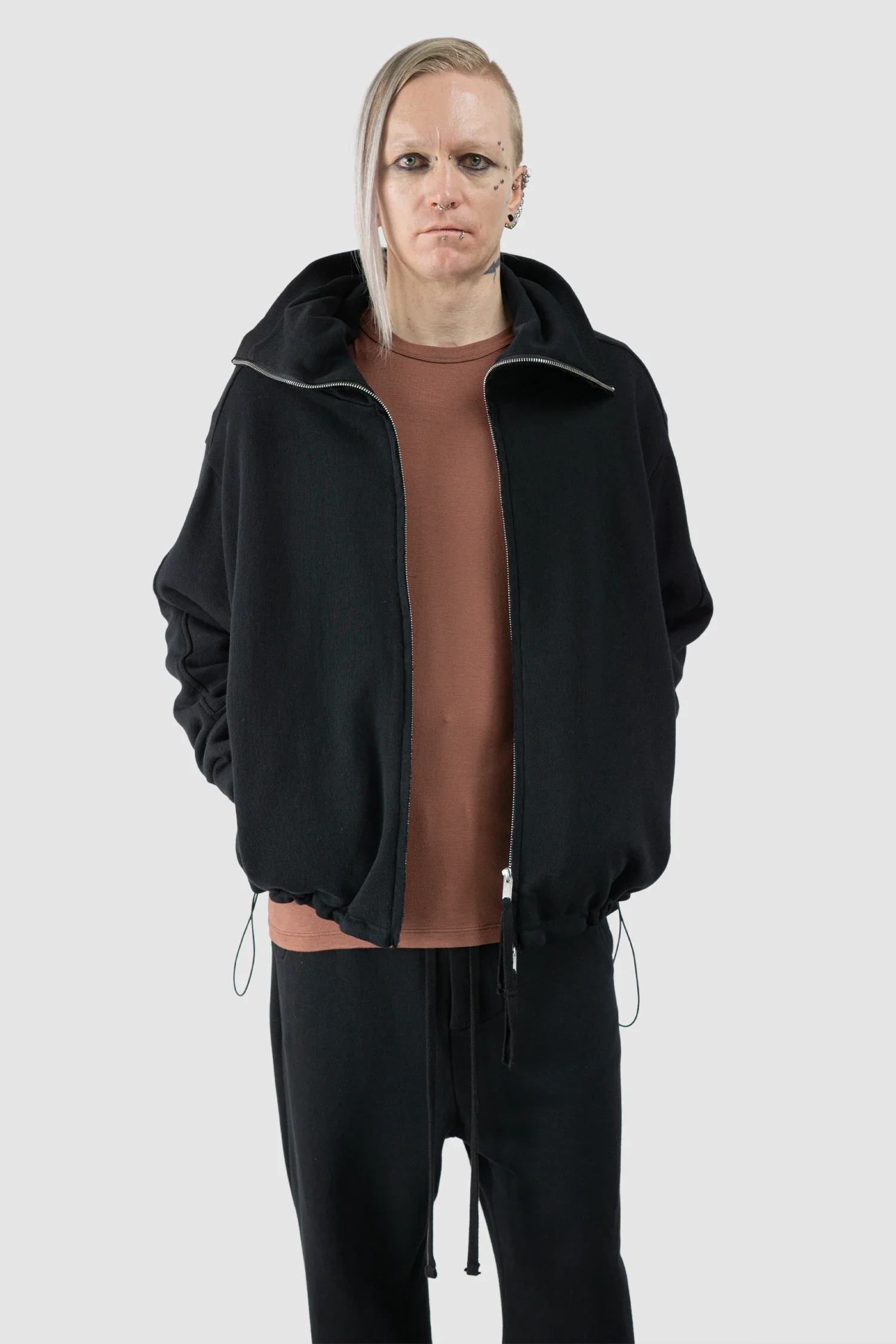 Black Double Layer Cotton Hooded Zip-Sweater - Image 8