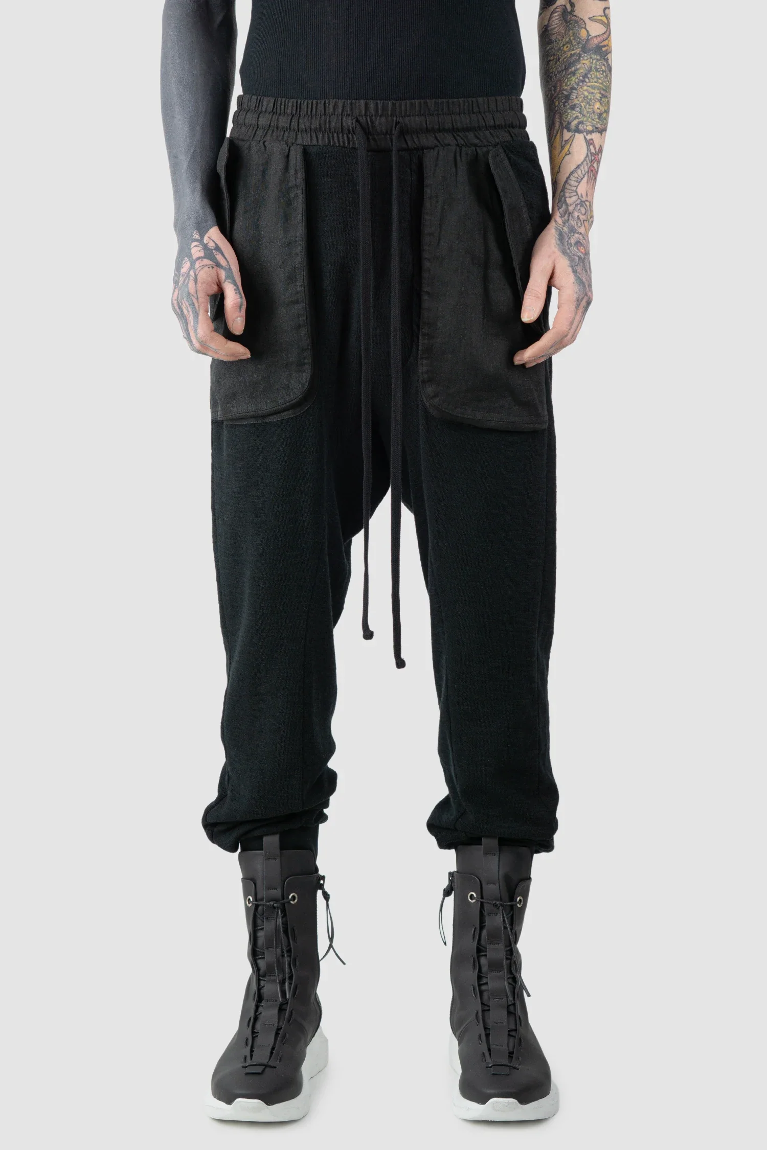 Black Linen Patch Pocket Cargo Sweatpants