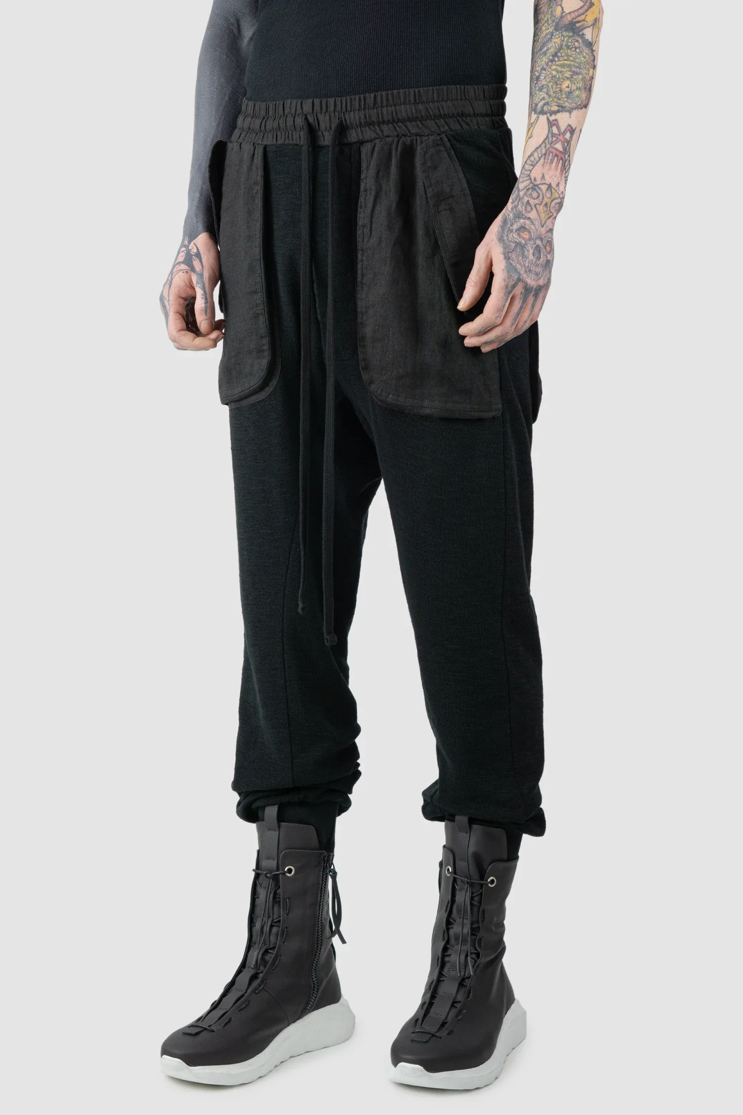 Black Linen Patch Pocket Cargo Sweatpants - Image 2