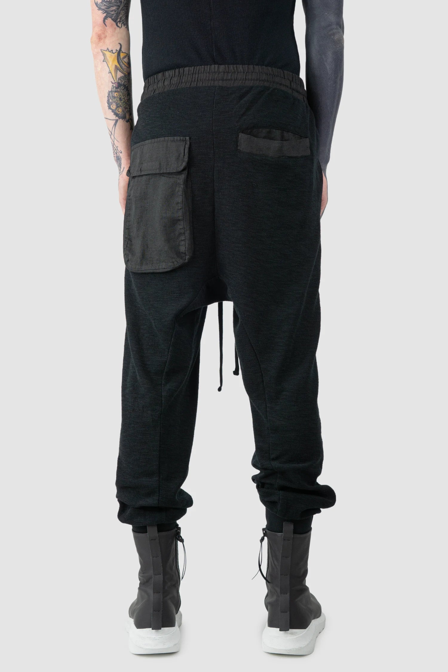 Black Linen Patch Pocket Cargo Sweatpants - Image 4