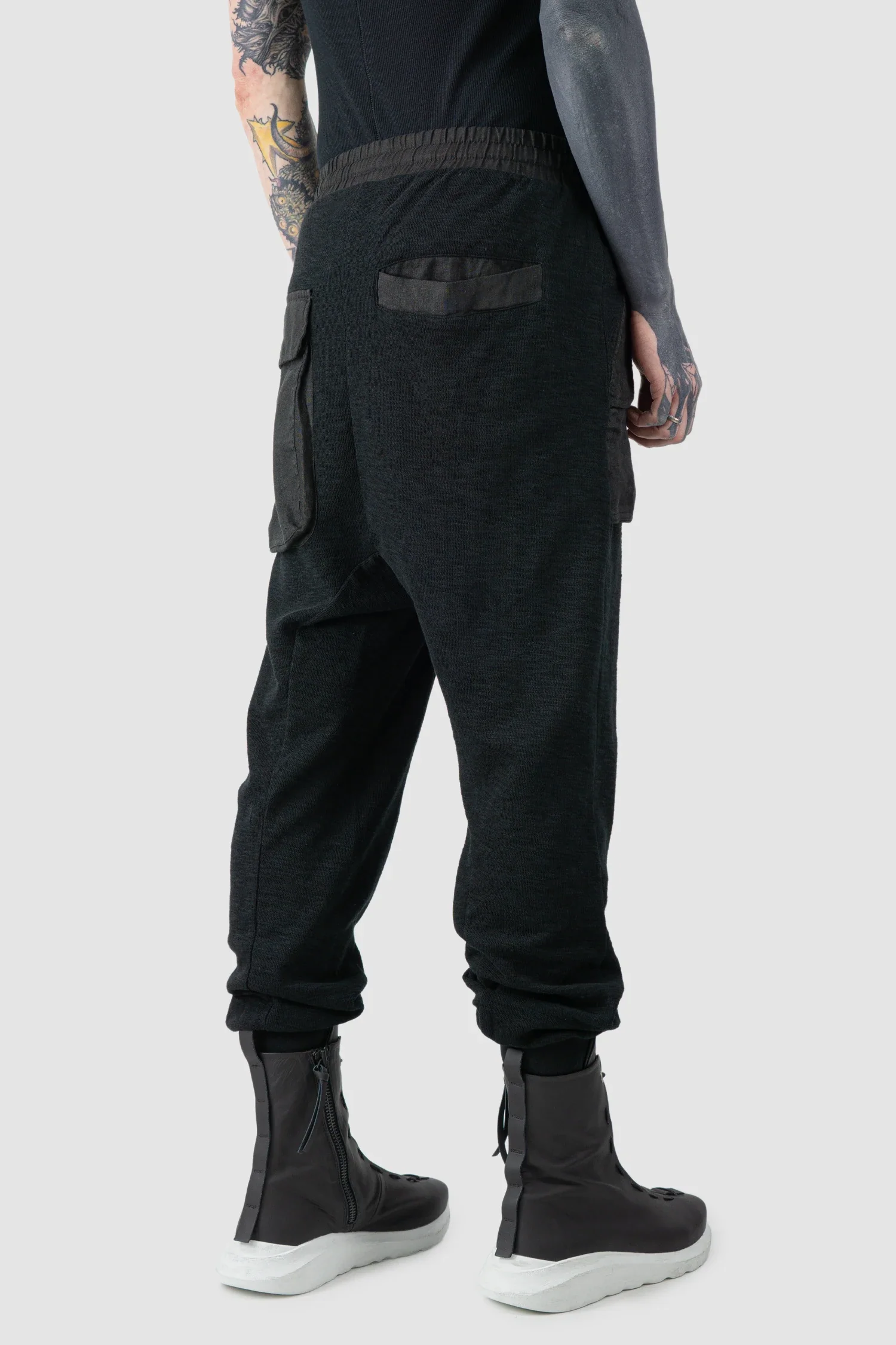 Black Linen Patch Pocket Cargo Sweatpants - Image 6