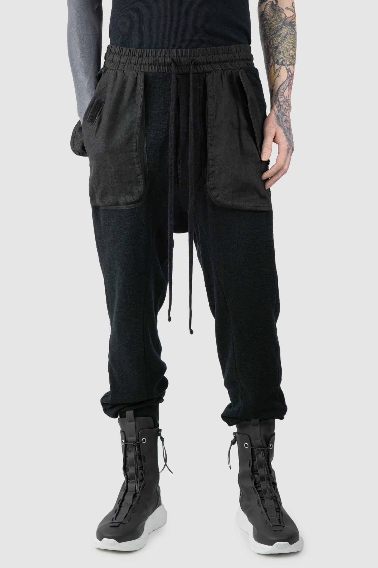 Black Linen Patch Pocket Cargo Sweatpants - Image 7