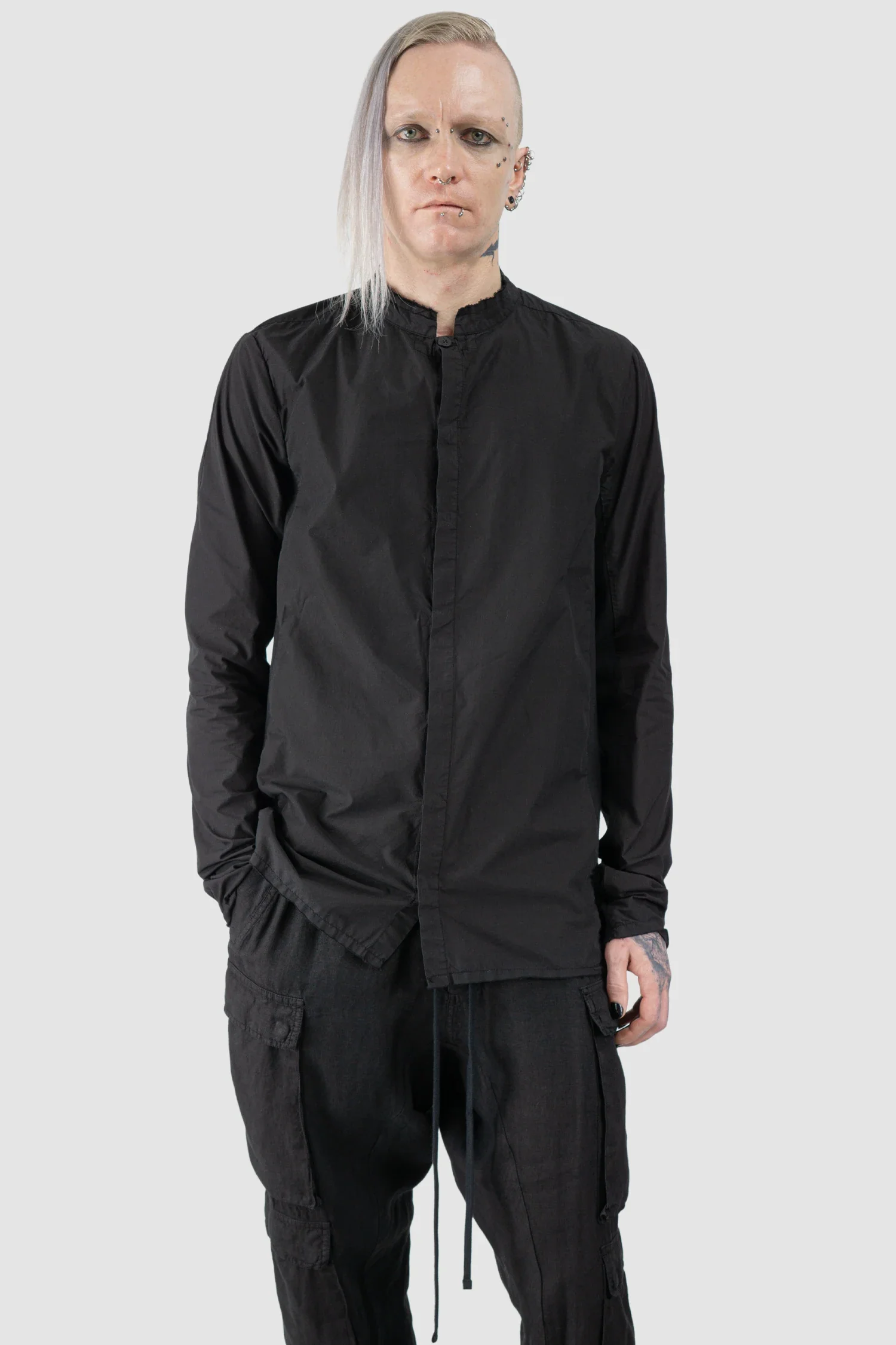 Black Organic Cotton Shirt with Stand Up Collar - Image 7