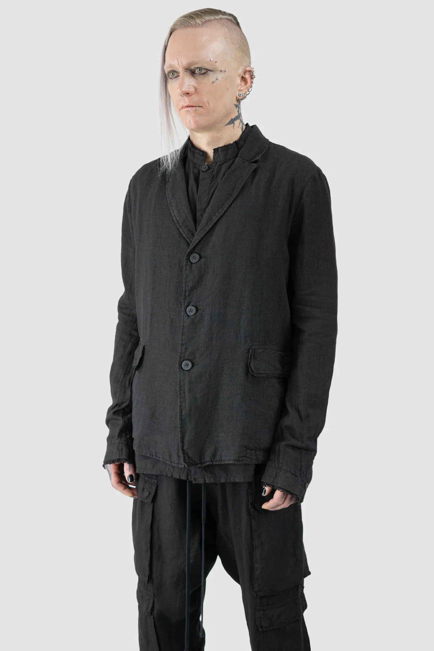 Black Woven Linen Blazer Jacket - Image 2