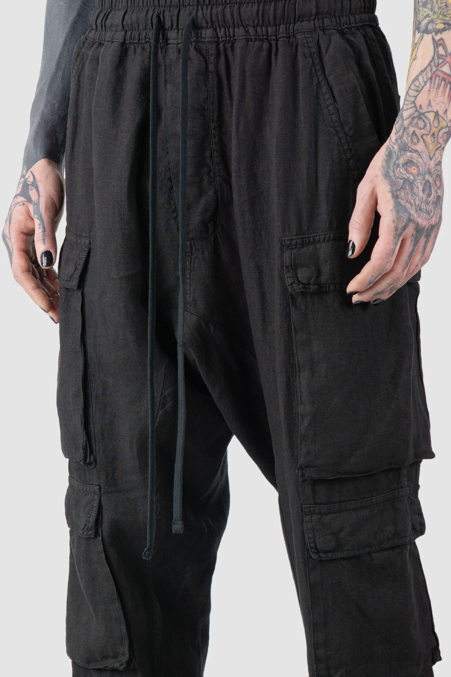 Black Woven Linen Cargo Jogger Trousers - Image 3