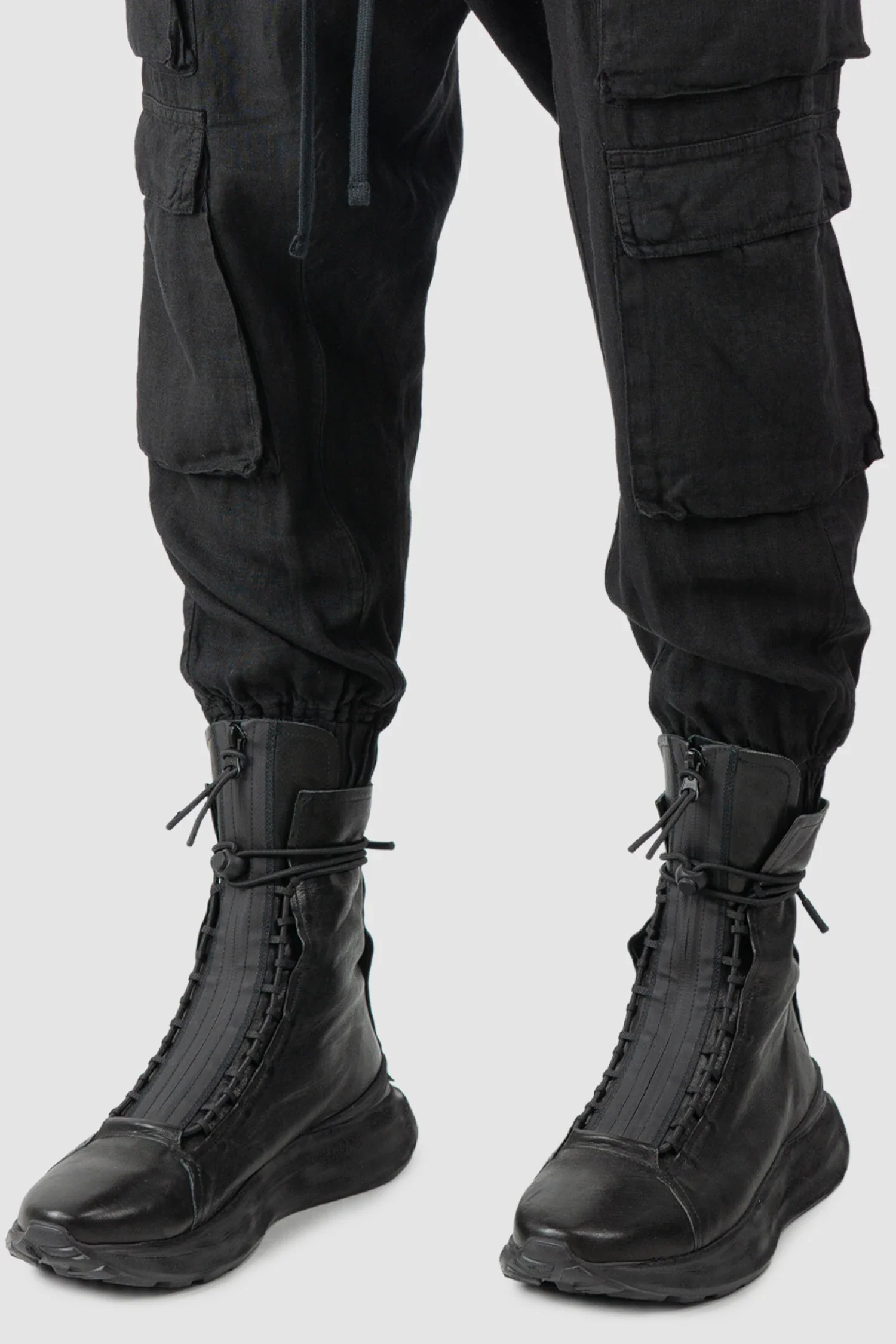 Black Woven Linen Cargo Jogger Trousers - Image 4