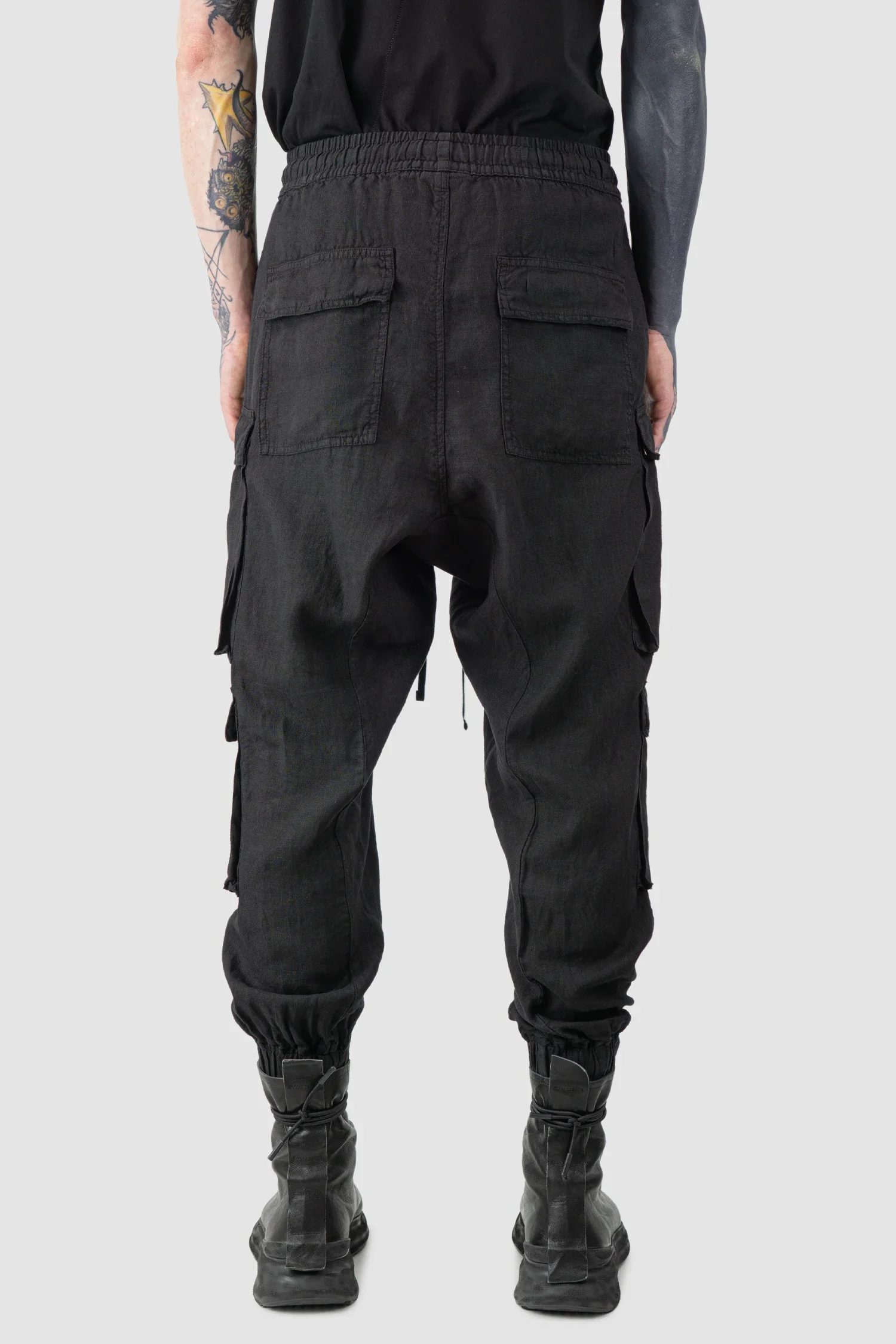 Black Woven Linen Cargo Jogger Trousers - Image 5