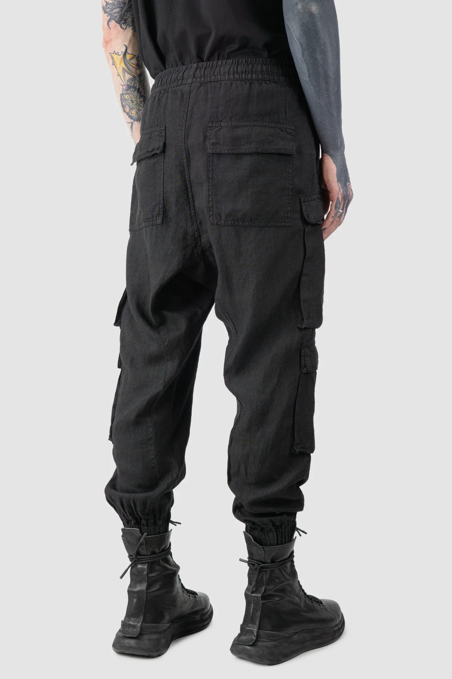 Black Woven Linen Cargo Jogger Trousers - Image 6