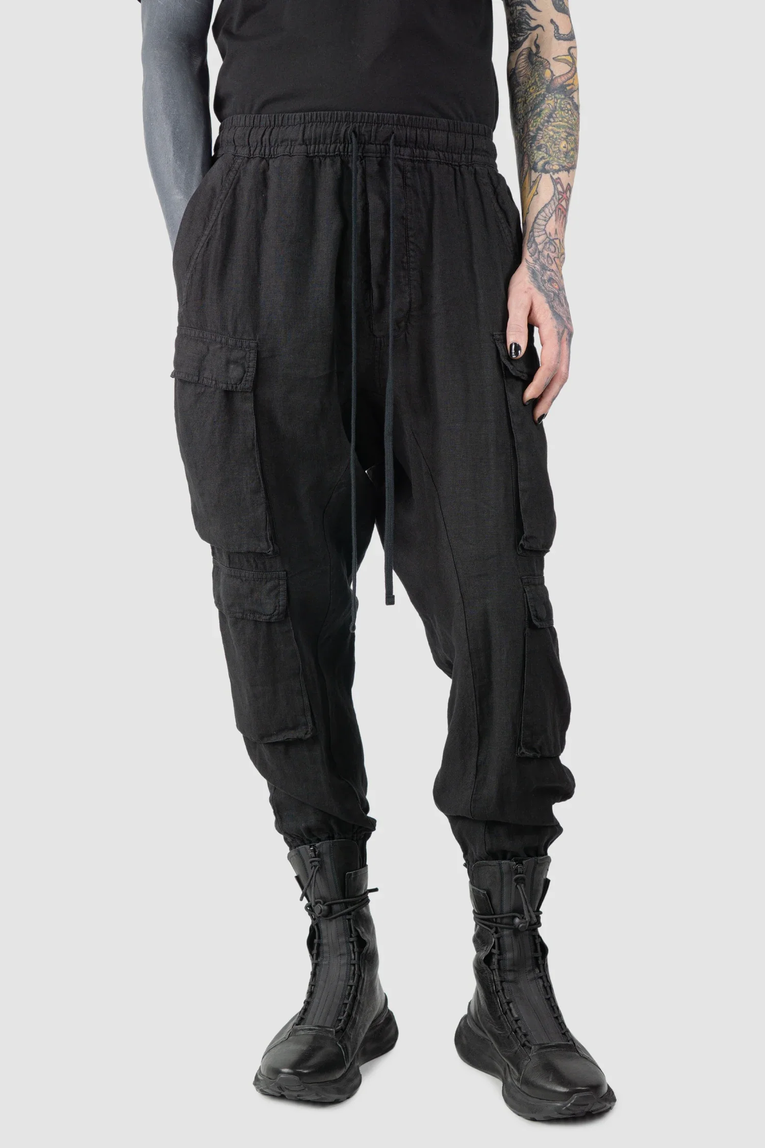 Black Woven Linen Cargo Jogger Trousers - Image 7