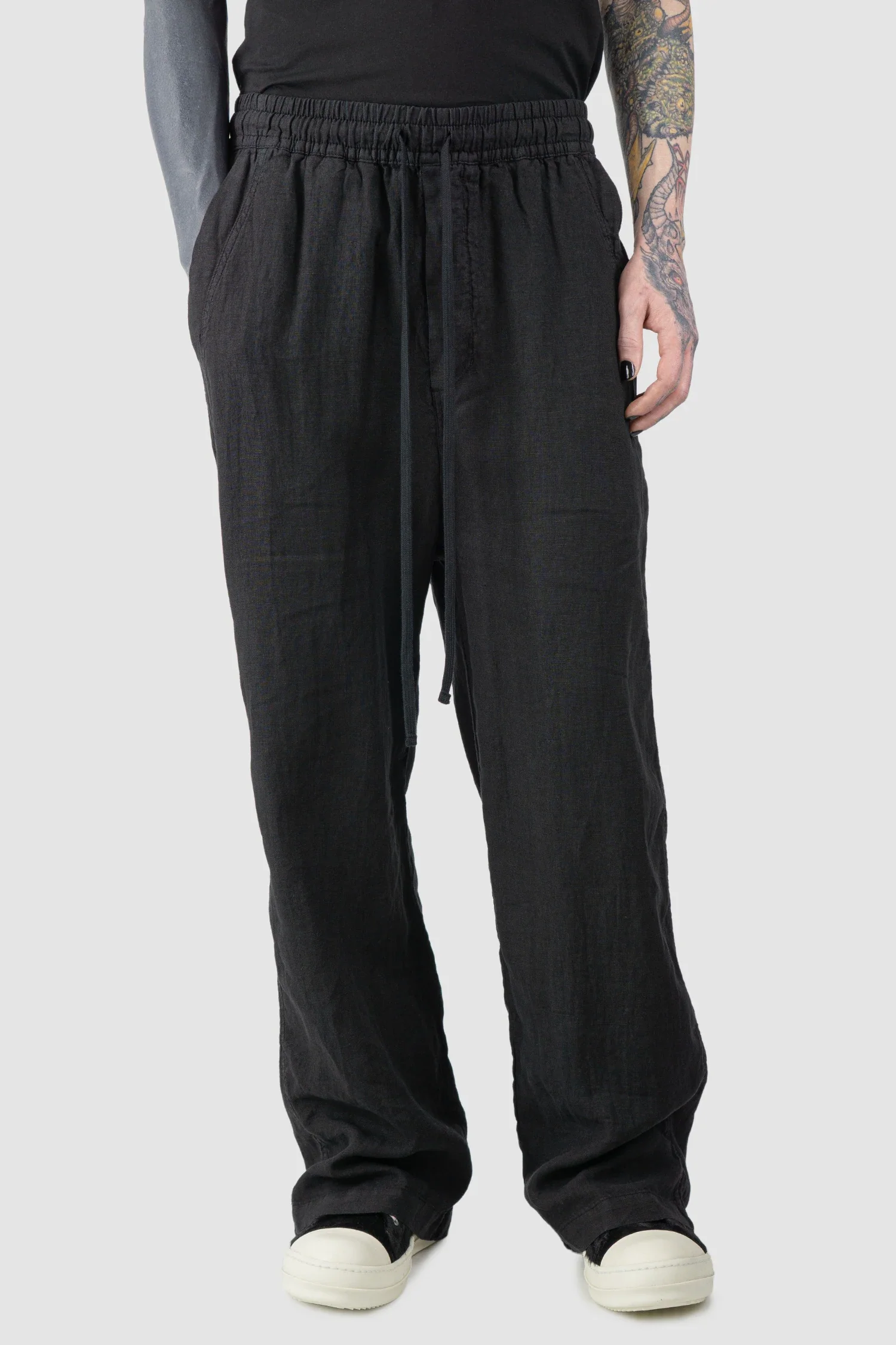 Black Woven Wide Leg Linen Trousers - Image 7