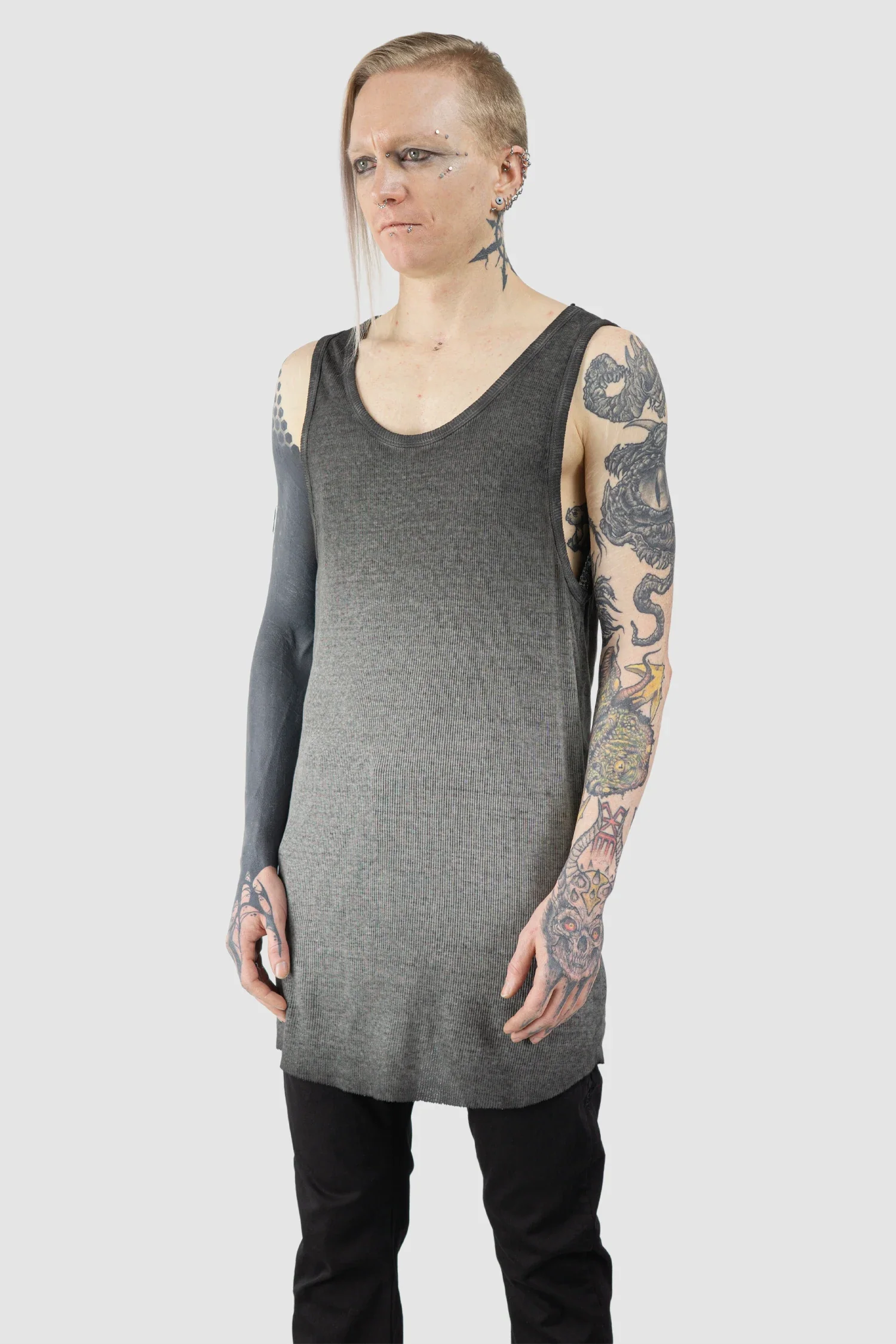 Grey Object Dyed Cotton-Linen Rib Tank Top - Image 2