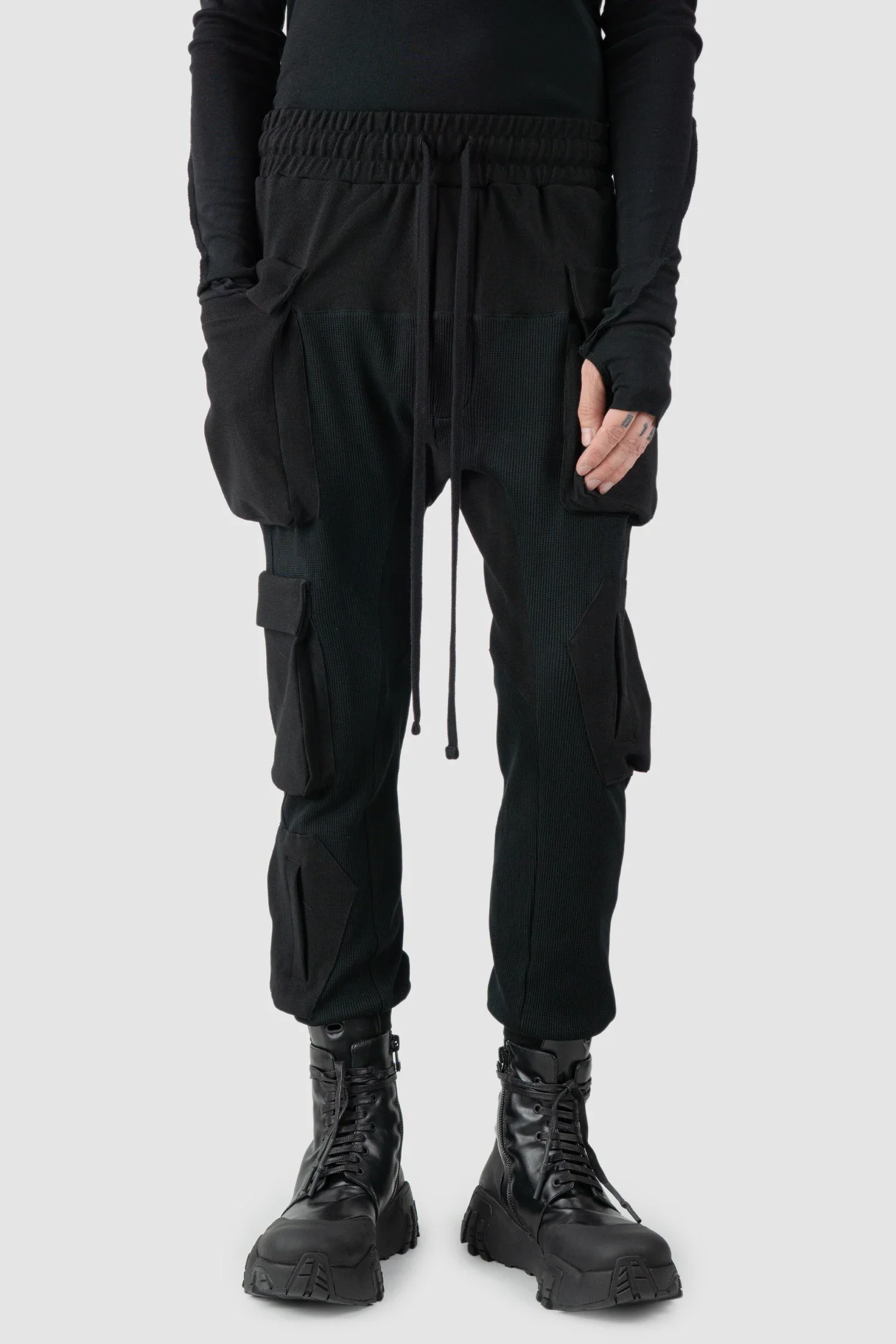 Black Mixed Cotton Slim Fit Cargo Trousers - Image 6