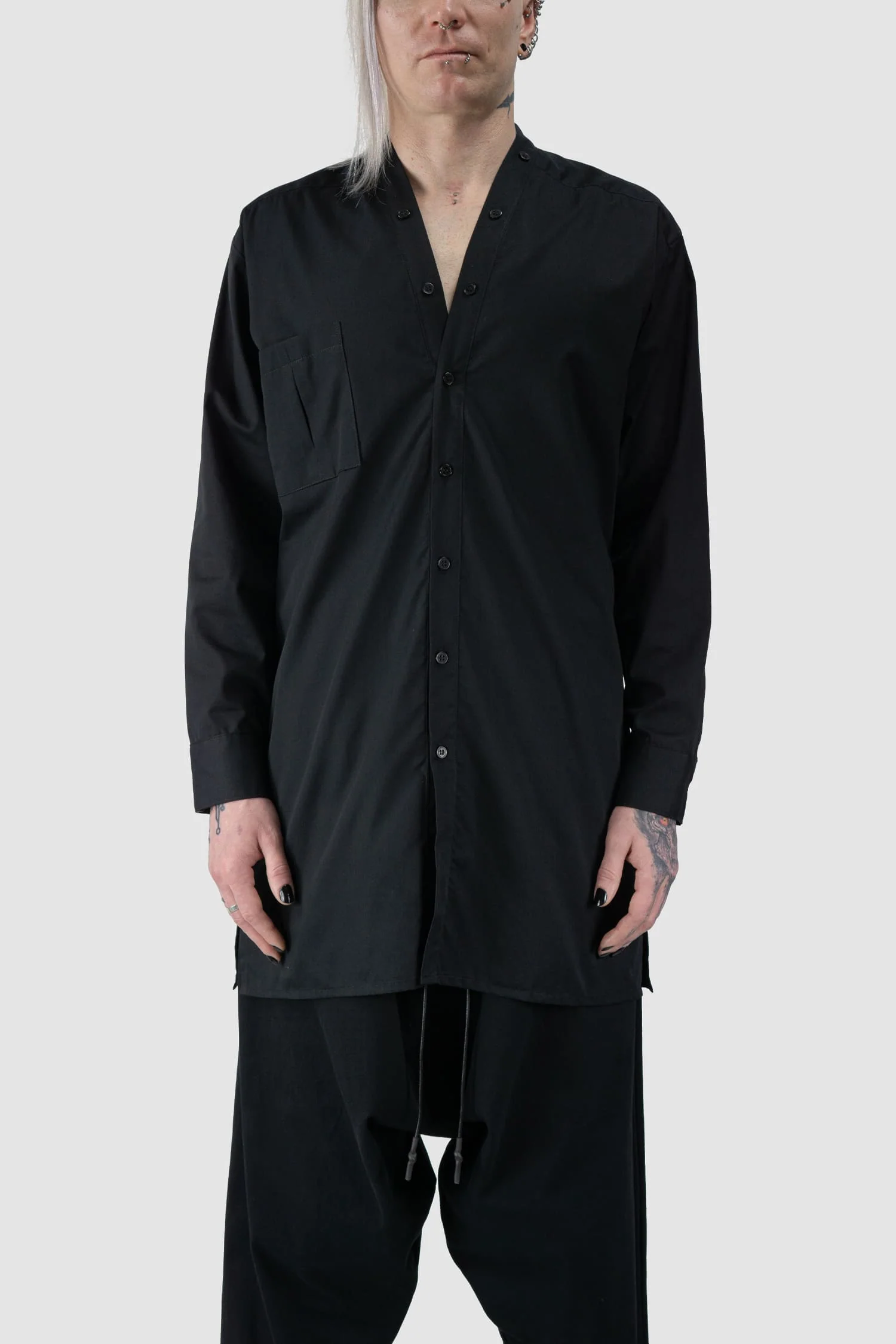 Black Cotton V-Neck Button Shirt