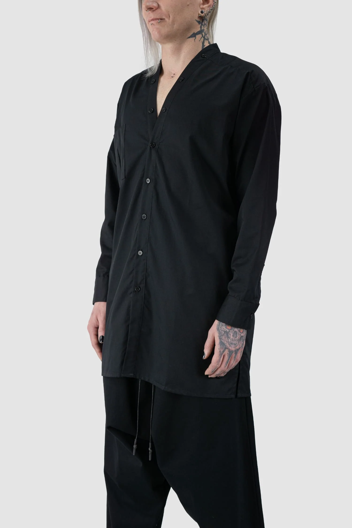 Black Cotton V-Neck Button Shirt - Image 2
