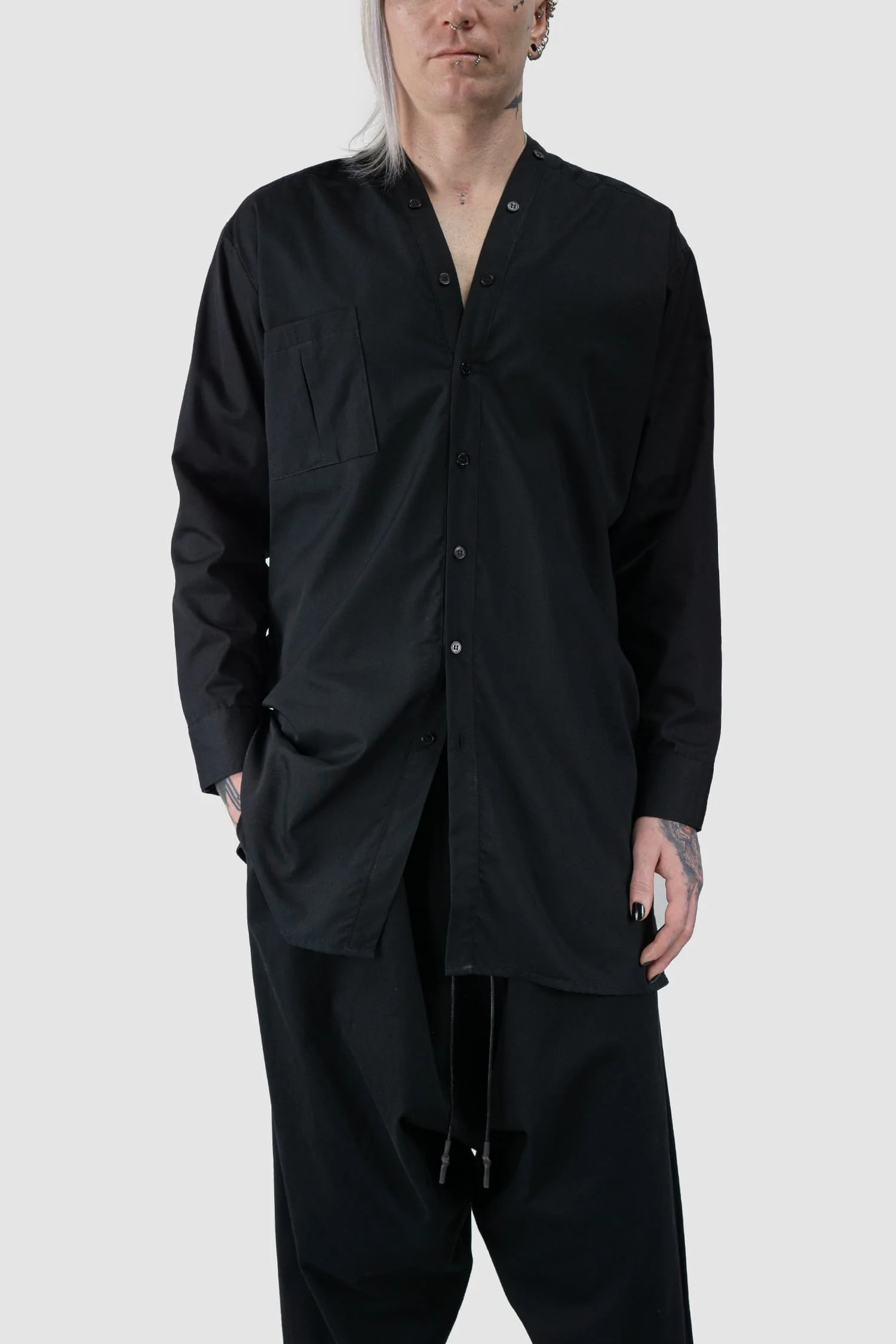 Black Cotton V-Neck Button Shirt - Image 6